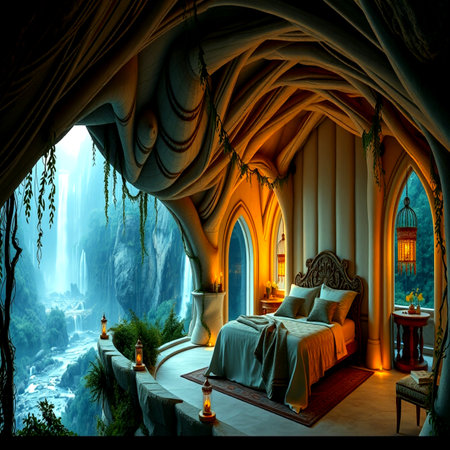 3D rendering of a fantasy bedroom with a view of the waterfallの写真素材