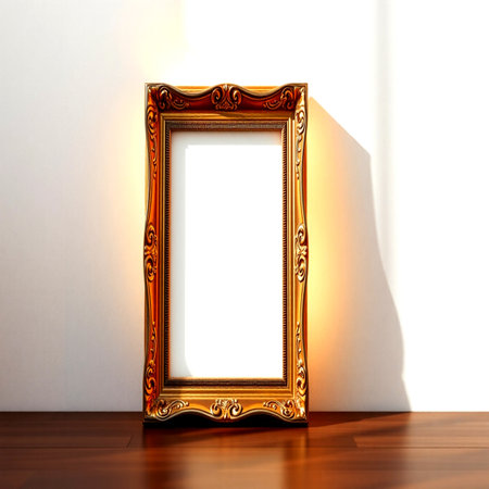 Empty picture frame on the wooden floor. 3d render illustration.の写真素材