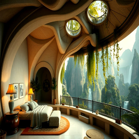 3D render of the interior of a hotel in the mountains.の写真素材