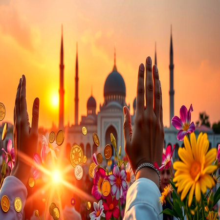 Hands of people praying in front of mosque at sunsetの写真素材