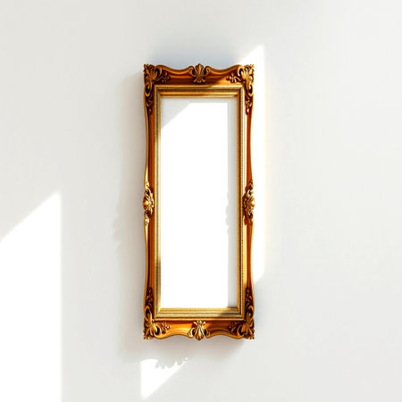 Golden picture frame on white wall. 3d rendering and illustration.の写真素材