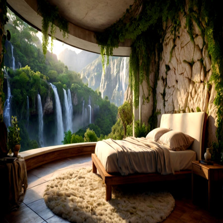 Luxury bedroom with a waterfall on the background.3d renderingの写真素材
