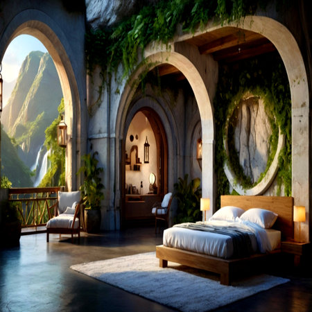 3d render of a hotel room interior with wooden bed and green plantsの写真素材