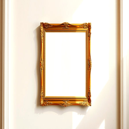 blank golden frame on white wall in the interior of the hotel roomの写真素材