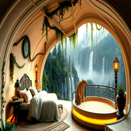 3d rendering of a luxury hotel room with a beautiful waterfall viewの写真素材