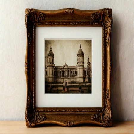 Vintage photo frame on wooden table in front of white wall.の写真素材