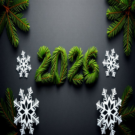 Happy New Year greeting card with green fir branches and snowflakes on black background