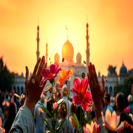 Hands of Muslim women with coins and flowers in front of the mosque at sunset.の写真素材