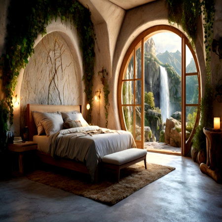 Luxury bedroom interior with natural waterfall view. 3d renderingの写真素材