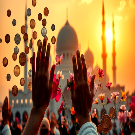 Hands of people praying with coins and flowers at sunset.