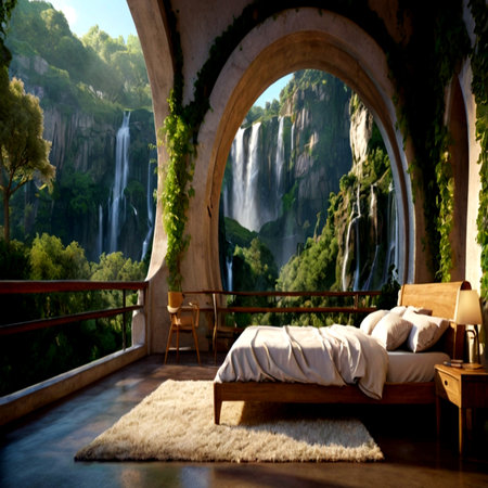 Luxury hotel room interior with a view of the waterfall.の写真素材