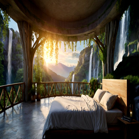 Beautiful view of the waterfall and wooden bed in the morning.の写真素材