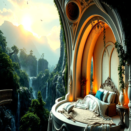 Luxury bedroom interior with a beautiful view of the mountain landscape.の写真素材