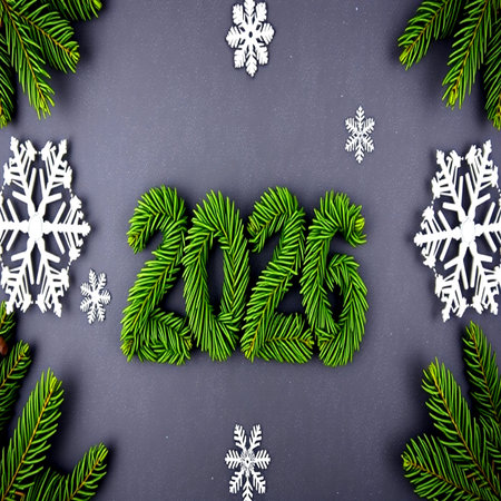 Christmas and New Year background with fir branches and snowflakes.
