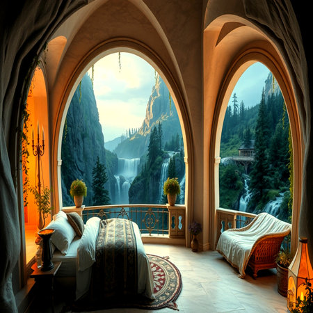 Luxury hotel room with a view of a waterfall in the mountainsの写真素材