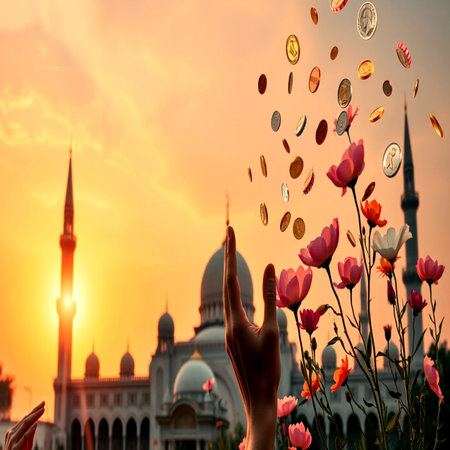 Hand holding coin with falling money in front of mosque at sunset time