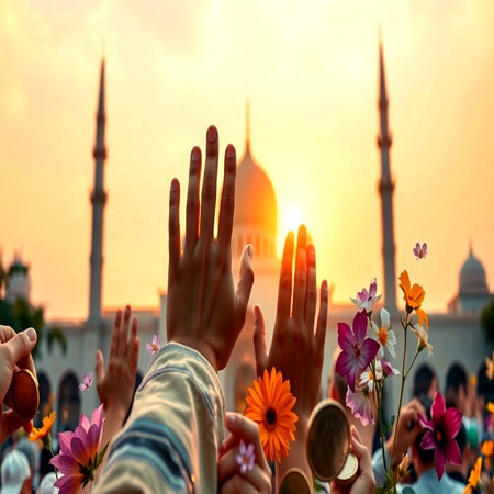 Hands of people raised up with sunset backgroundの写真素材