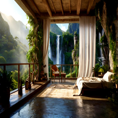 Luxury hotel room interior with a view of a waterfall.の写真素材
