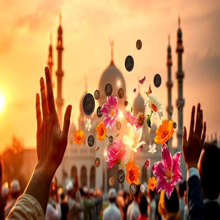 Hands of Muslim man praying in front of the mosque at sunsetの写真素材