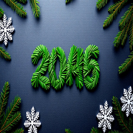 New Year 2016. Christmas tree branches and snowflakes on black background top viewの写真素材