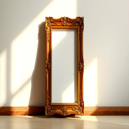 Empty golden picture frame on the wall in room. 3d renderingの写真素材