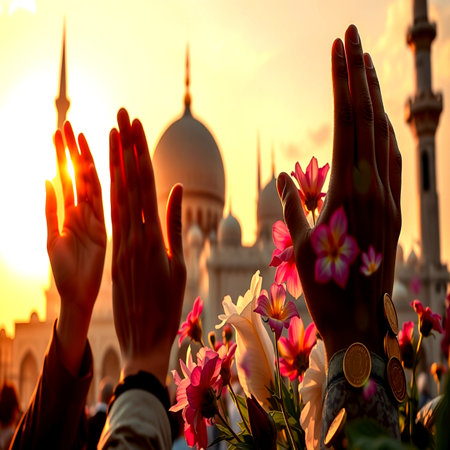 Hands of woman praying at sunset with mosque in background.の写真素材