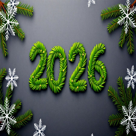 New year greeting card with fir branches and snowflakes. Top view