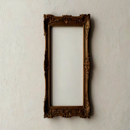Old wooden frame on a white wall. Place for your text.の写真素材