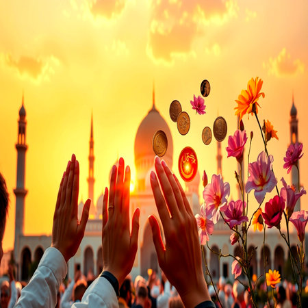 Hands of Muslim people praying at the mosque during the sunset.の写真素材