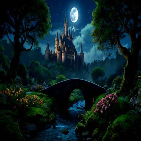 Castle in the forest at night with full moon. Fantasy landscape.の写真素材