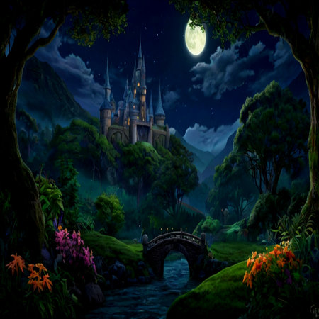 Fantasy landscape with fantasy castle in the forest and bridge at nightの写真素材