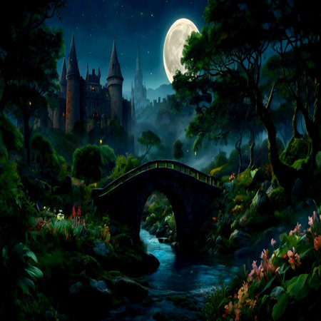 Fantasy landscape with fantasy castle, bridge and river at night.の写真素材