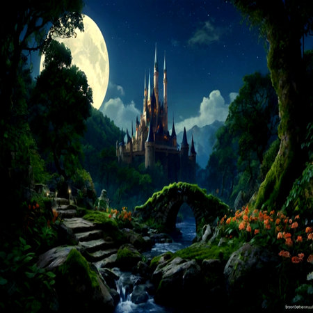 Fairy tale castle in the forest at night with full moon. Digital paintingの写真素材