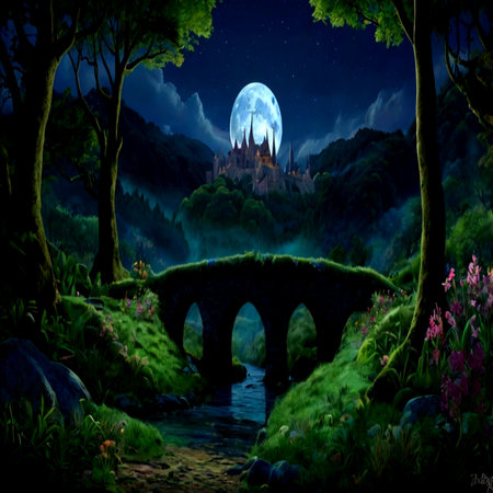Fantasy landscape with castle in the forest at night. Digital painting.の写真素材