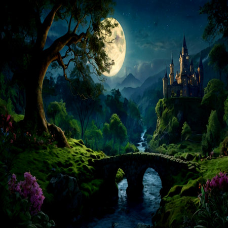 Fantasy landscape with castle and bridge in the forest at night.の写真素材