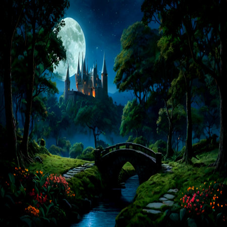 Castle and bridge in the forest with full moon. Fantasy landscape.の写真素材