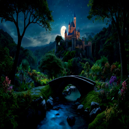 Beautiful fantasy landscape with castle and bridge in the forest at nightの写真素材