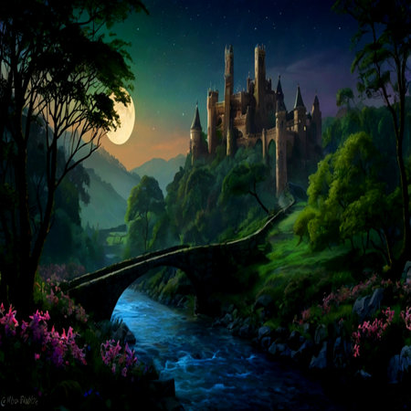 Fantasy landscape with castle, bridge and river at night. Digital painting.の写真素材