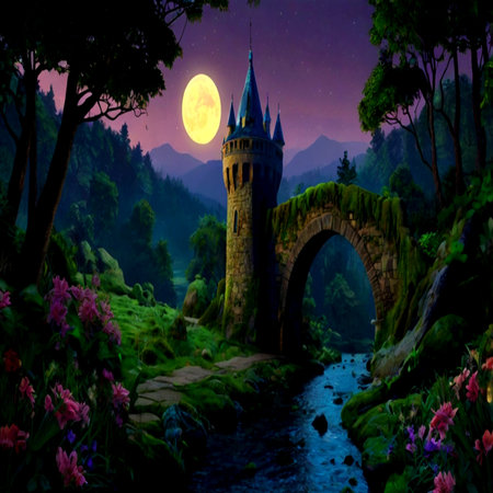 Beautiful fantasy landscape with fantasy castle in the forest and full moon.の写真素材