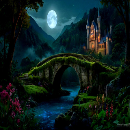 Fantasy castle in the forest at night. Fantasy landscape. Digital painting.の写真素材