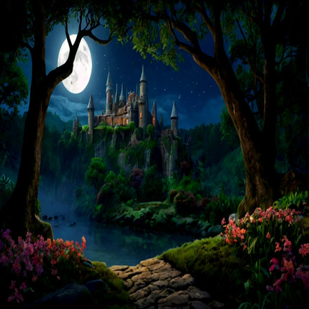 Fantasy landscape with fantasy castle in the forest at night with full moonの写真素材