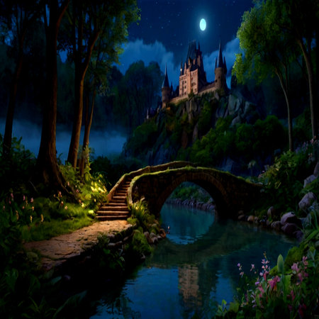 Fantasy castle in the forest at night with a bridge in the foregroundの写真素材