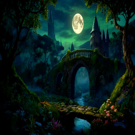Fantasy landscape with castle and bridge in the forest at night.の写真素材