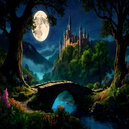 Castle in the woods at night with full moon. Fantasy landscape.の写真素材