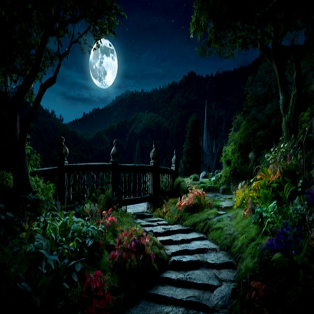 path in the garden at night in full moon light. beautiful nature sceneryの写真素材