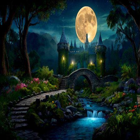 Fairy tale castle in fantasy forest at night with full moon. Fairytale landscape.の写真素材