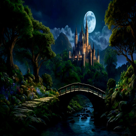 Magic Fairy Tale Castle in the forest at night. Fantasy landscape with castle and bridge. Digital painting.の写真素材