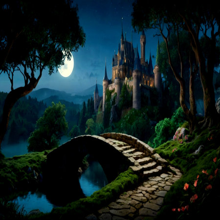 Magic castle in the forest at night. Fantasy landscape with castle and bridgeの写真素材