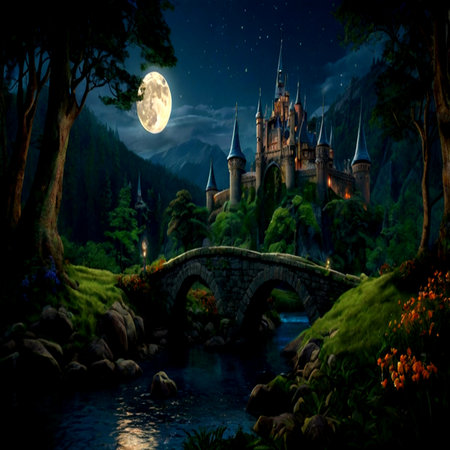 Fantasy castle in the forest at full moon night. Fantasy landscape.の写真素材