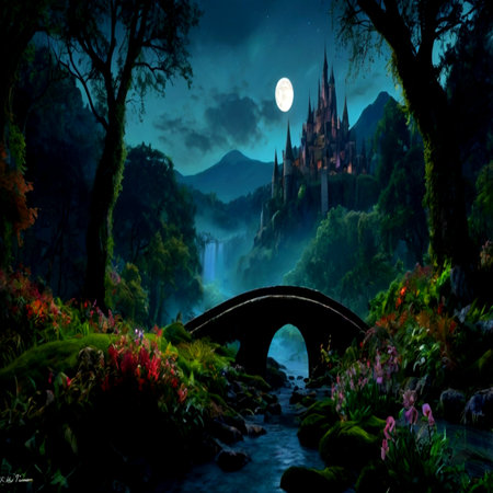 Fantasy landscape with fantasy castle and bridge in the forest at nightの写真素材